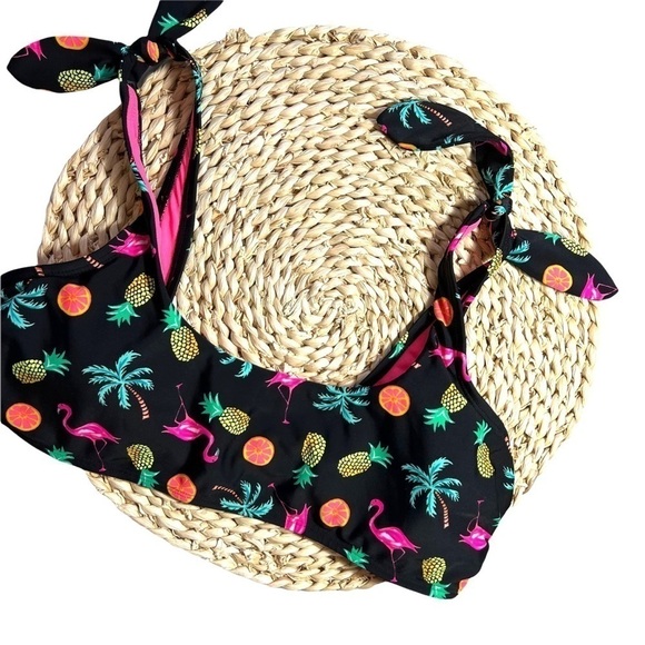 Xhilaration Black Neon Vibrant Tropical Flamingo, Pineapple Bikini Top - Picture 3 of 13